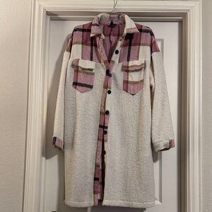 Simplee Apparel Pink and Cream Plaid Teddy Jacket